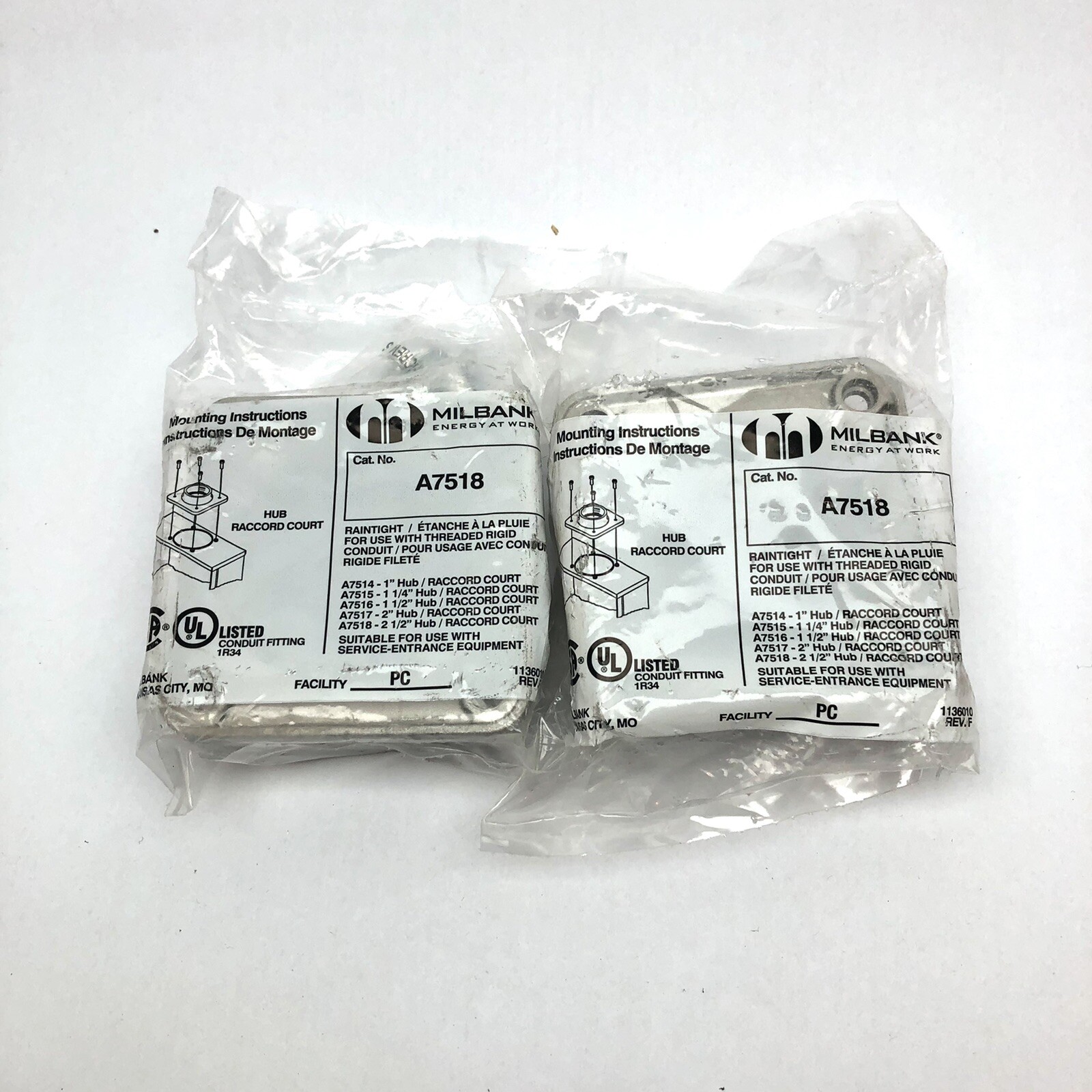 LOT OF 2 MILBANK A75182-1/2" HUB FOR METER SOCKET ALUMINUM MILBANK A7518 - фотография #2