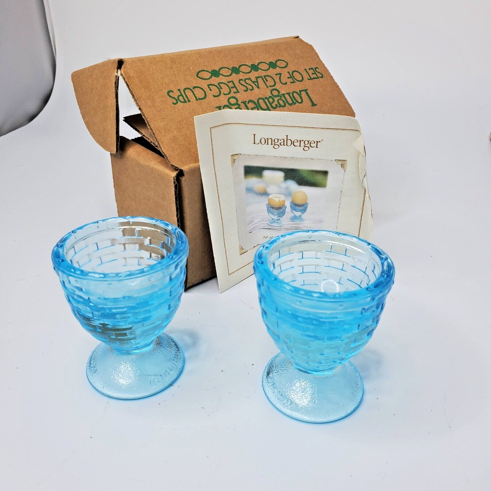 Longaberger 2002 Set Of 2 Blue Glass Egg Cups #10076 - Made In The USA - NIB Longaberger