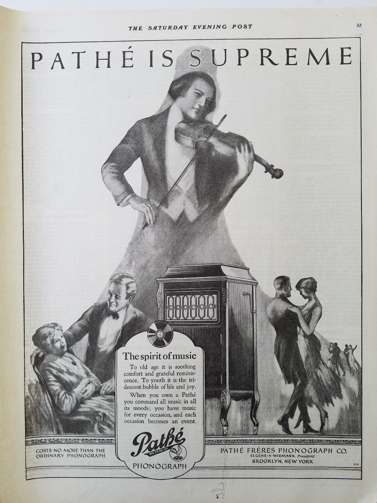 1920 Pathe Phonograph is Supreme Spirit of Music Violin Player Ad Без бренда
