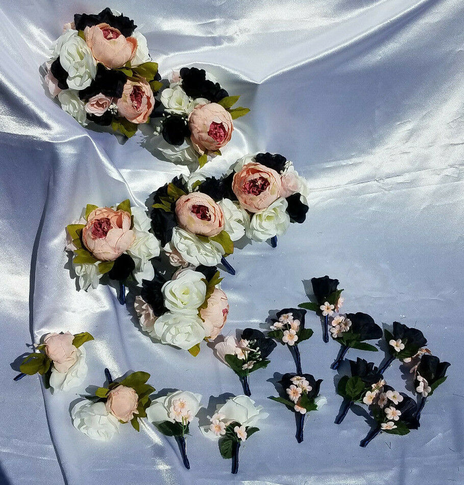 19 Pc Wedding Bouquet Pkg, Ivory, Navy Blue Roses, Blush Peony, Navy & Pink Wedding Bouquet Does Not Apply