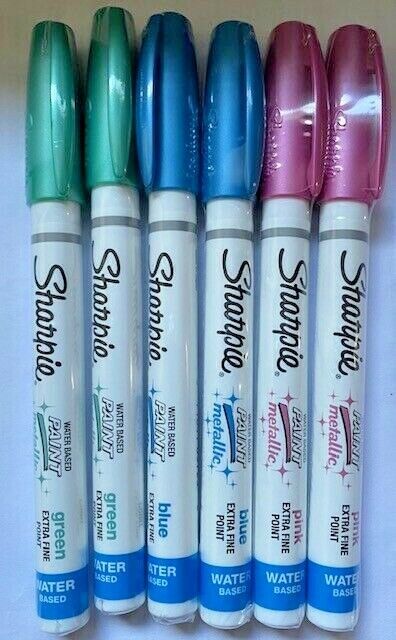 6 Sharpie Extra Fine Point METALLIC Water Base Paint Markers, Blue, Pink, Green Sharpie N/A
