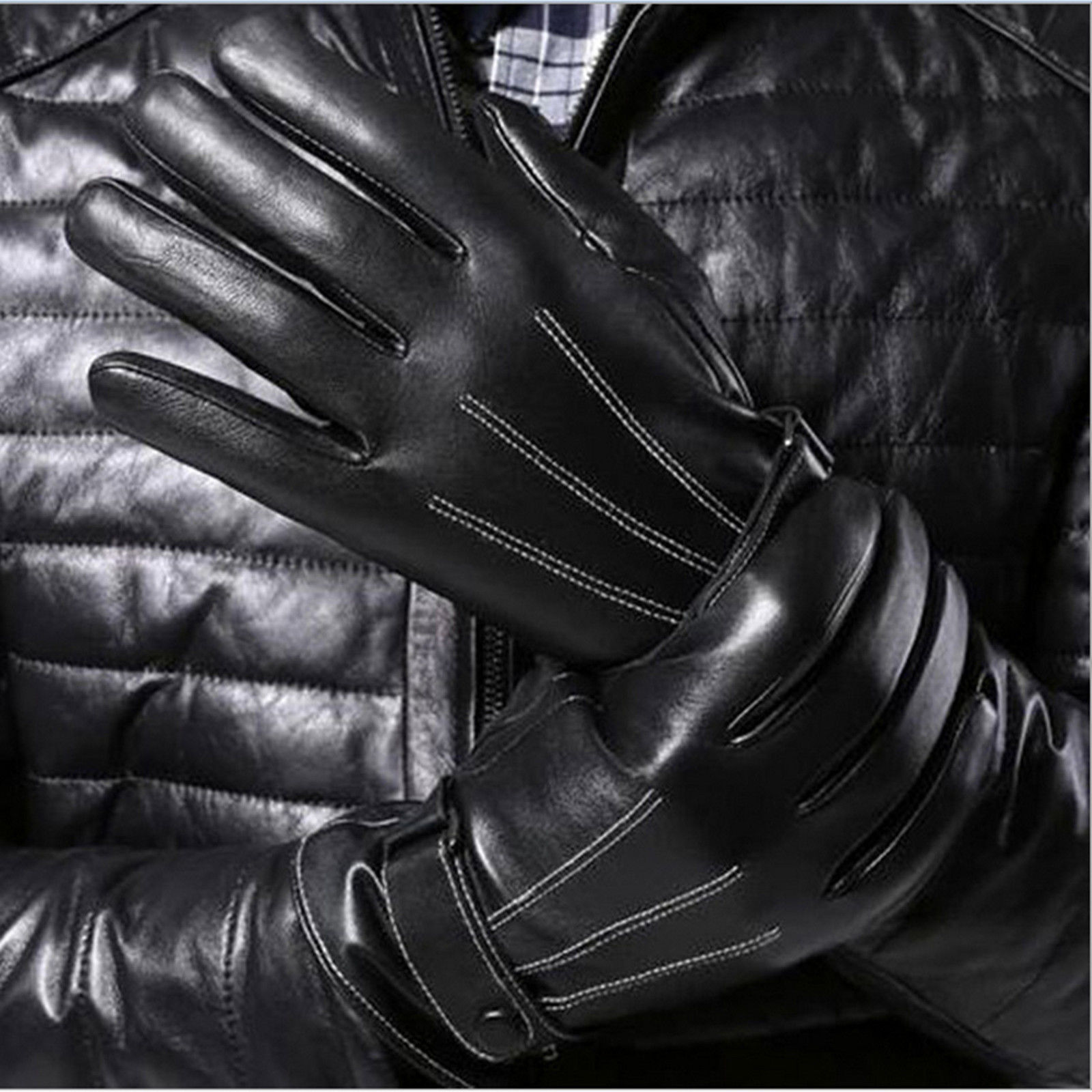 Leather Gloves Full Finger Mens Motorcycle Driving Winter Warm Touch Screen New Unbranded
