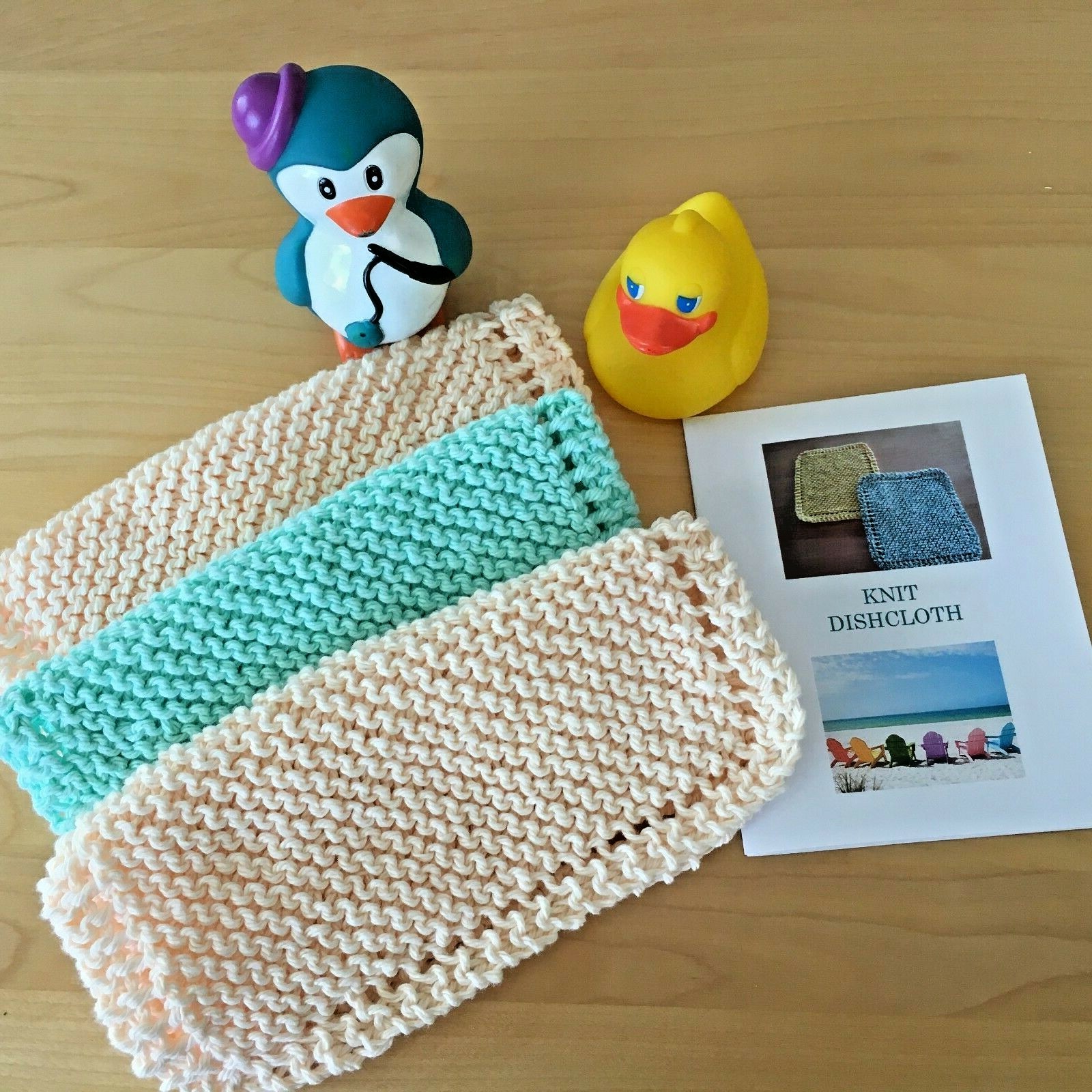 NEW Set of 3- Hand Knit-DISHCLOTHS / WASHCLOTHS with Directions (Ecru & Mint Gr) Lily Sugar 'n Cream