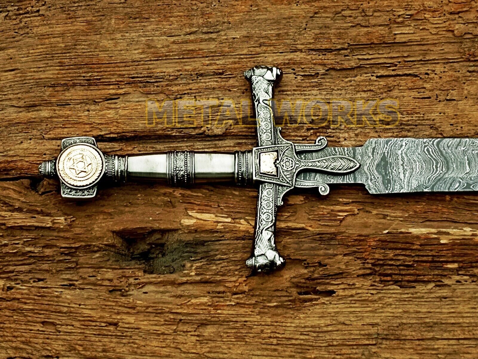 Damascus Steel King Solomon Crusader Sword w/LeatherSheath(Star of David Pommel) Без бренда - фотография #4