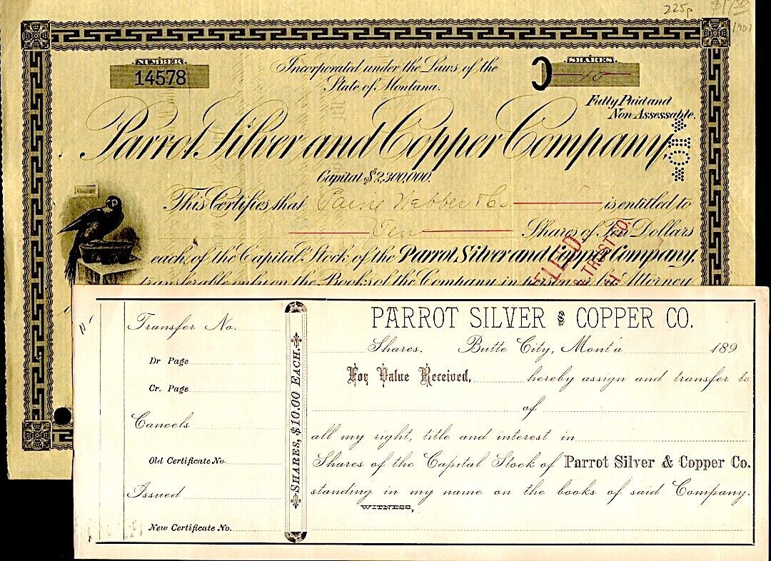 2 PARROT SILVER & COPPER CO Stock Cert & /Stock Transfer Form 1901/189x Butte MT Без бренда