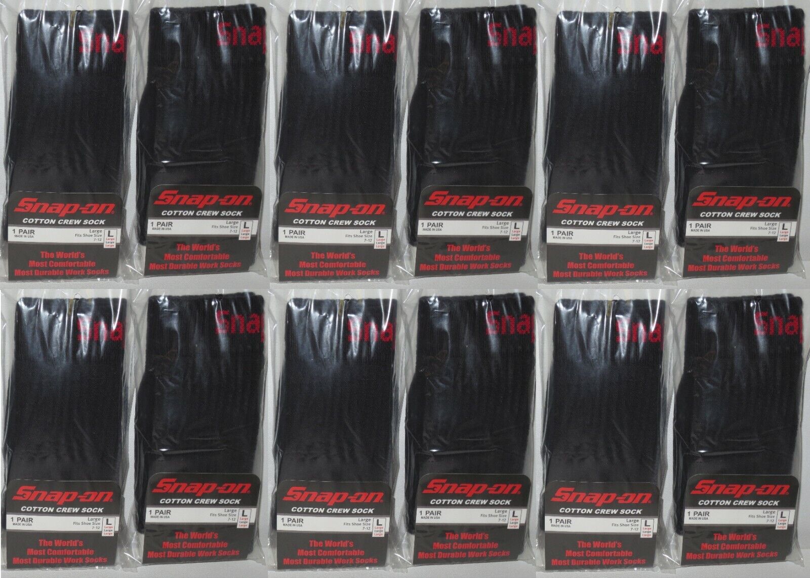 12 Snap-On CREW Socks BLACK LARGE ~ FREE SHIPPING ~ MADE IN USA  12 PAIRS *NEW* Snap-on