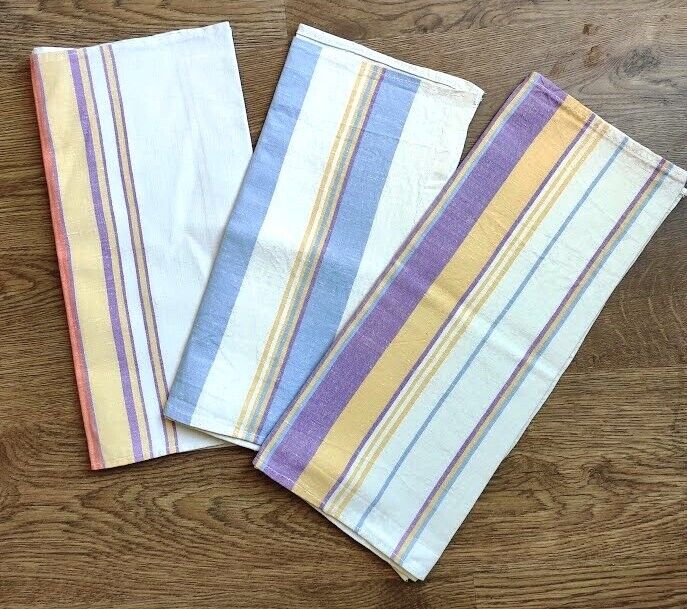 Set of 3 linen vintage soviet 70-80s dish tea hand towels Striped Different szes Handmade