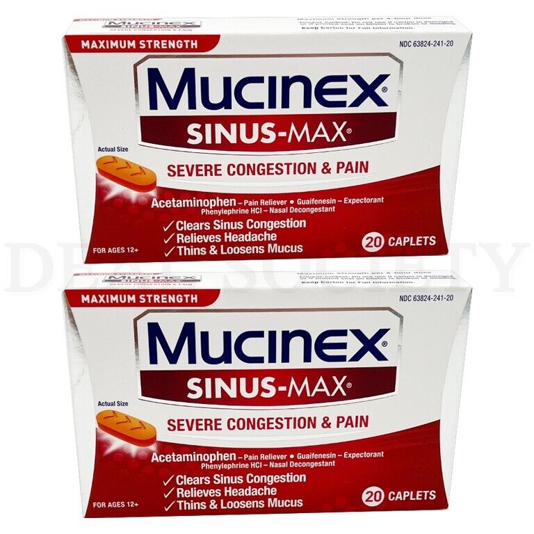 Lot of 2 - Mucinex Sinus-Max Severe Congestion Relief Caplets - 20ct Each Mucinex ASA-143