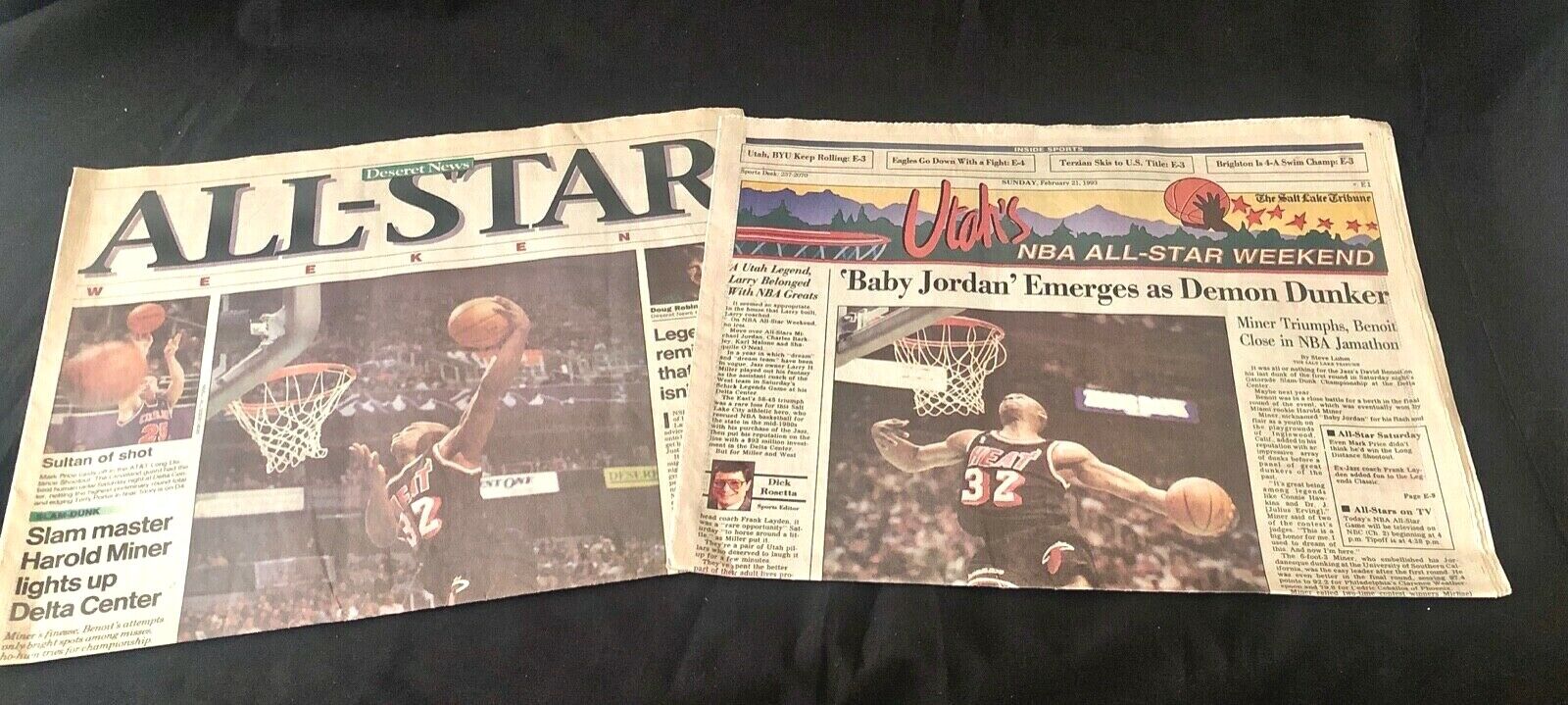 HAROLD MINER "BABY JORDAN" WINS 1993 NBA SLAM DUNK TITLE- UTAH NEWSPAPERS (2) Deseret News + Salt Lake Tribune