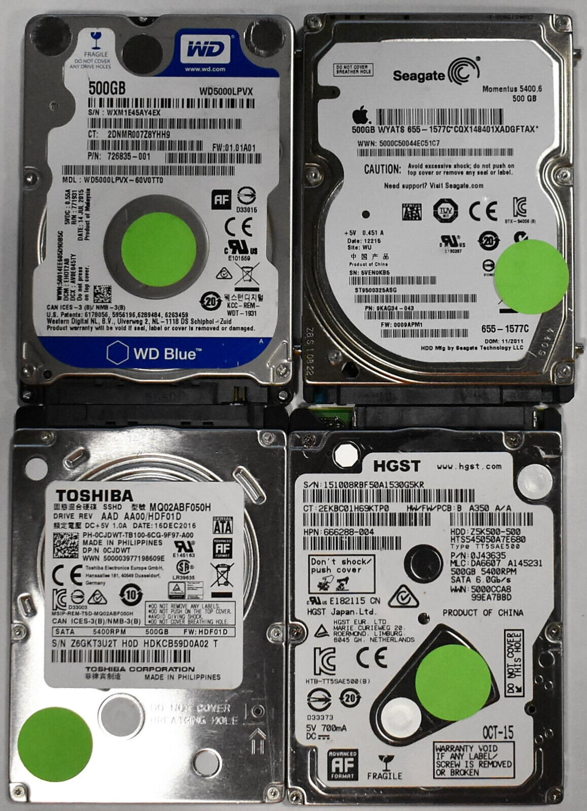 Lot of 20 500GB 2.5" Laptop SATA Hard Drives Mix Brand Seagate WD Hitachi Toshib Not specified Does not apply