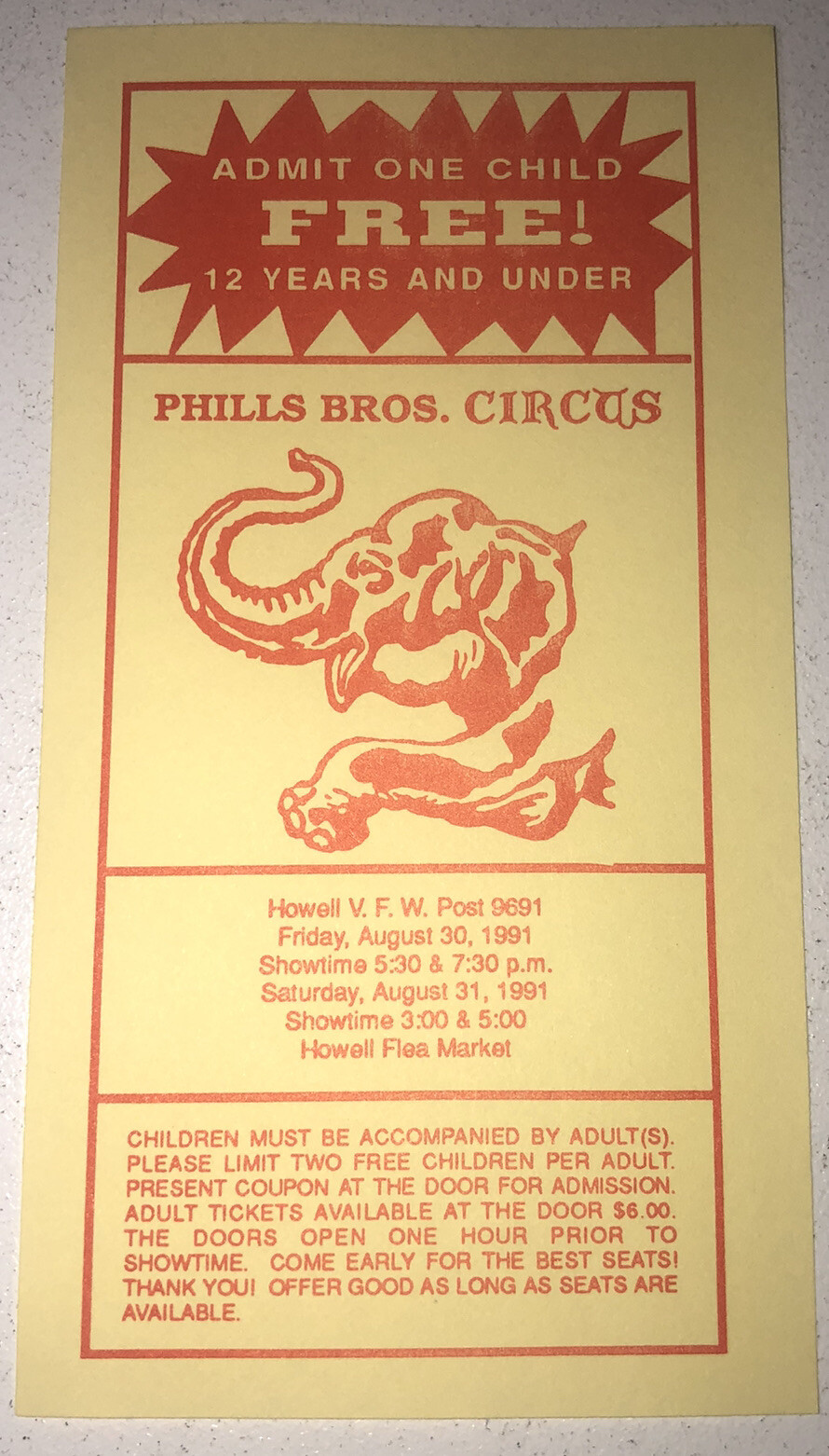 Vintage Phills Bros Brothers Circus Ticket Elephant Graphic Howell VFW Post 1991 Без бренда