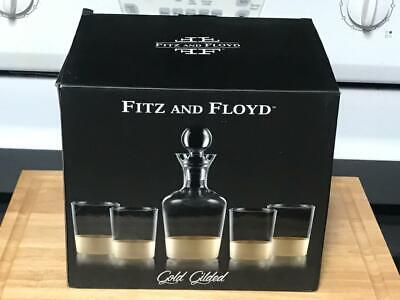 VERY RARE NIB FITZ AND FLOYD GOLD GILDED 5 PIECE DECANTER SET WITH 4 GLASSES Fitz and Floyd