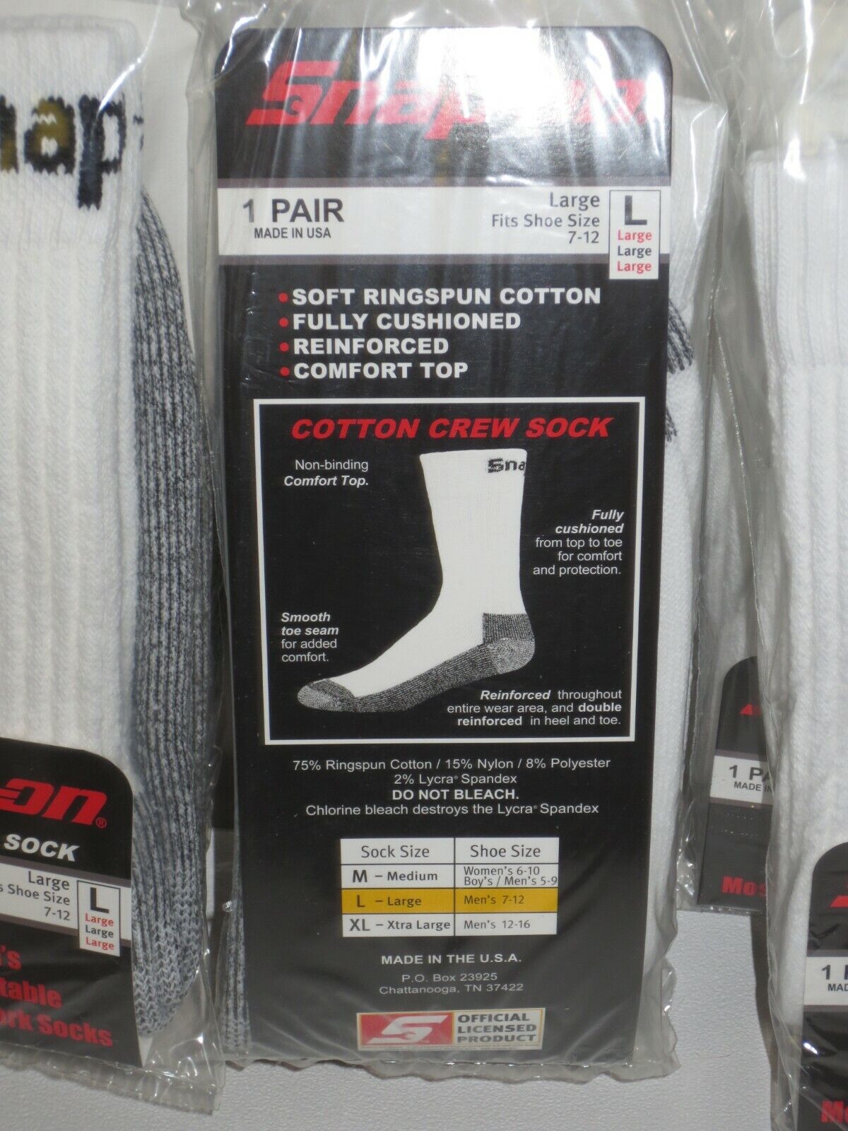 3 PAIRS Snap-On CREW Socks Men's WHITE LARGE ~ FREE SHIPPING ~ MADE IN USA *NEW* Snap-on - фотография #2