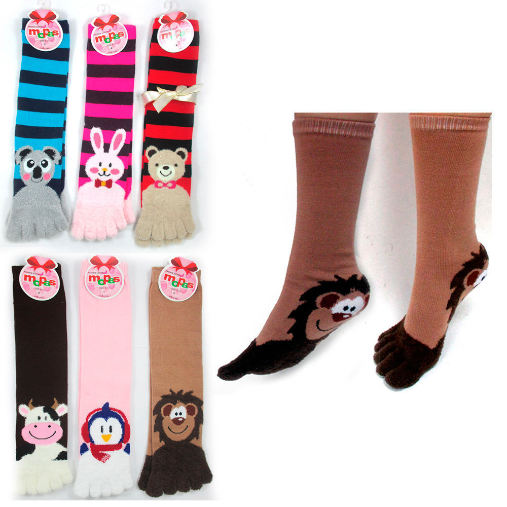 3 Pairs Fuzzy Animals Toe Socks Calf Length Funny Feet Striped #30701 Size 9-11 Mopas - фотография #4