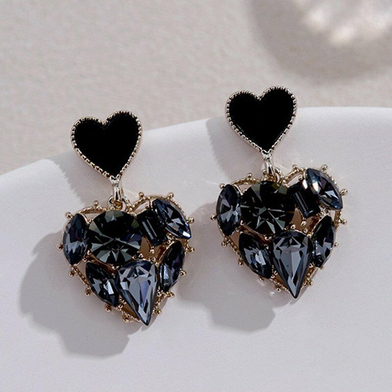 Sliver Plated Love Heart Zircon Black Earrings Stud Women Wedding Jewelry Gifts Rinhoo Does not apply