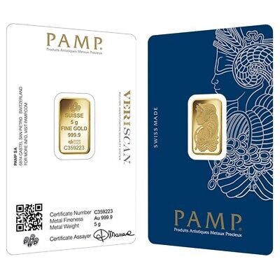 5 gram Gold Bar PAMP Suisse Lady Fortuna Veriscan .9999 Fine (In Assay) Без бренда