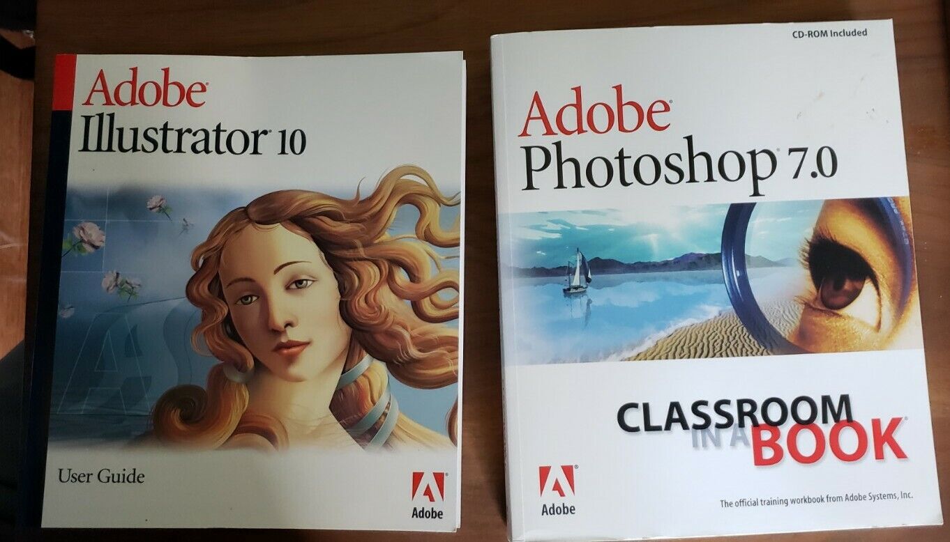 Lot Of 2 Adobe Books: Illustrator 10 (2001) & Photoshop 7.0 w/ CD-ROM (2002) Adobe Systems