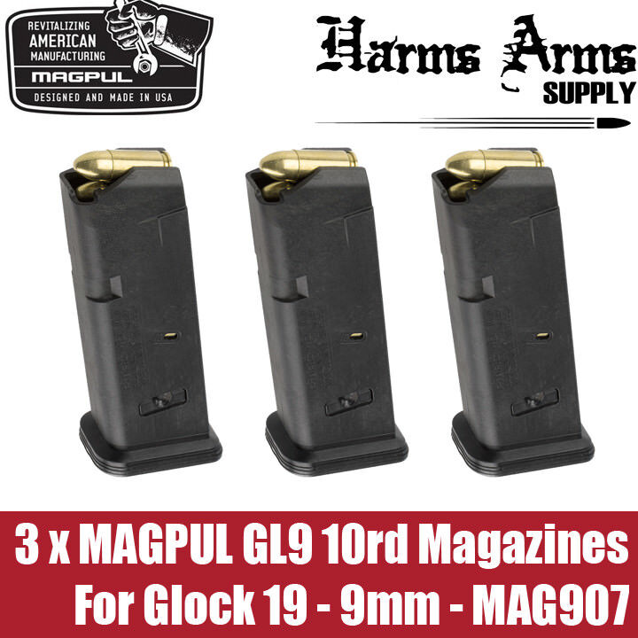 (3 pack) Magpul Glock 10rd GL9 Magazine for Glock 19 9mm Mag G19 MAG907 Magpul MAG907-BLK, MAG907