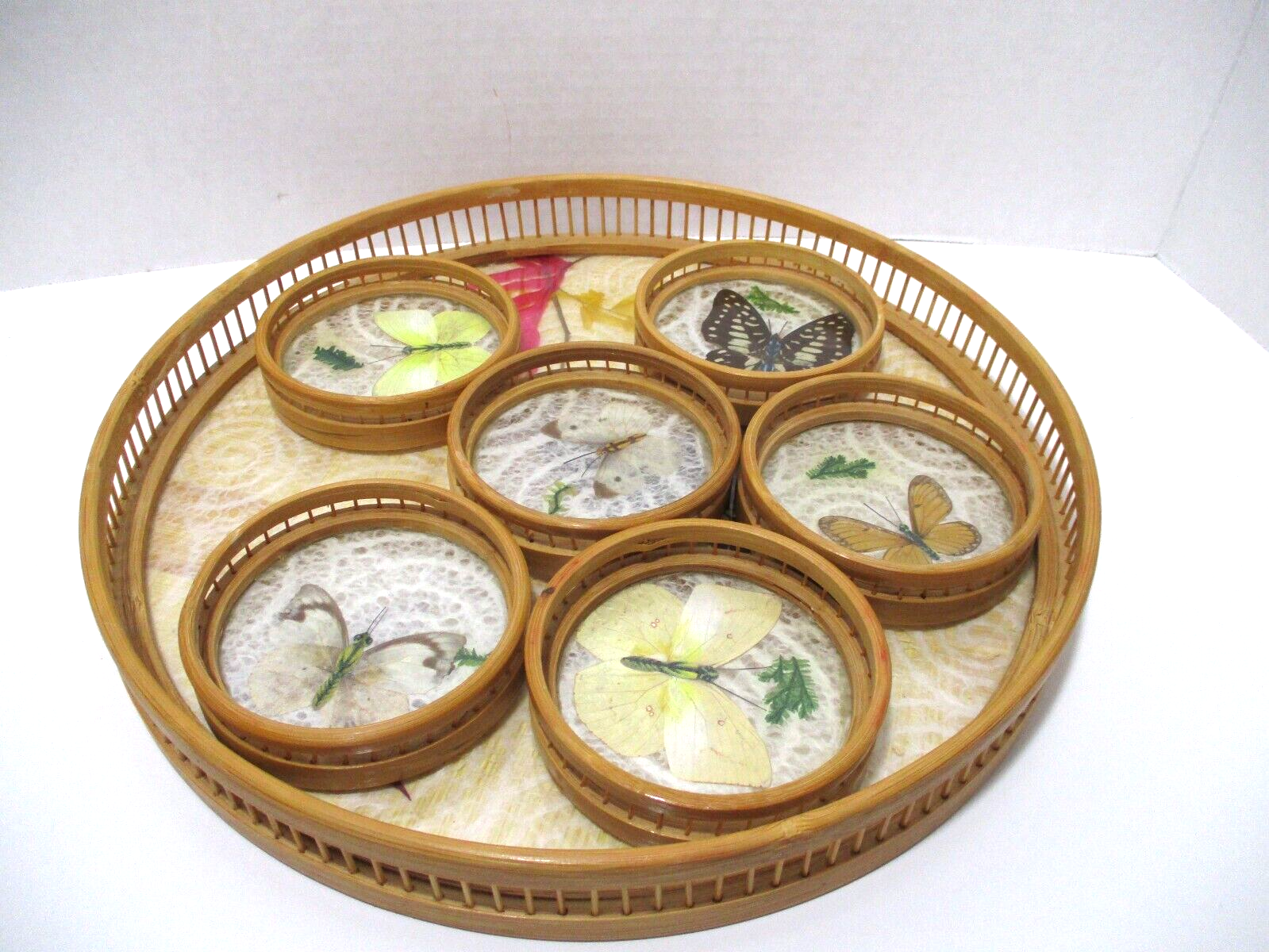 Vintage Bamboo Pressed Butterfly Serving Tray and Coasters Set Complete BOHO Unbranded Coaster Set