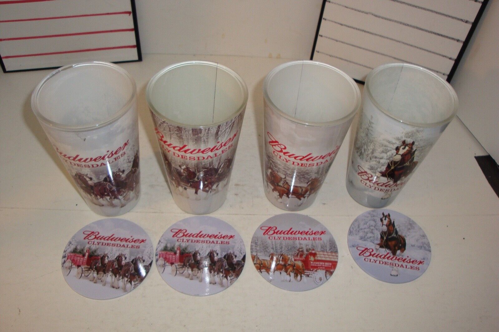 Vintage Budweiser Clydesdales pint beer glasses X 4 with Matching Coasters X 4 Budweiser - фотография #3