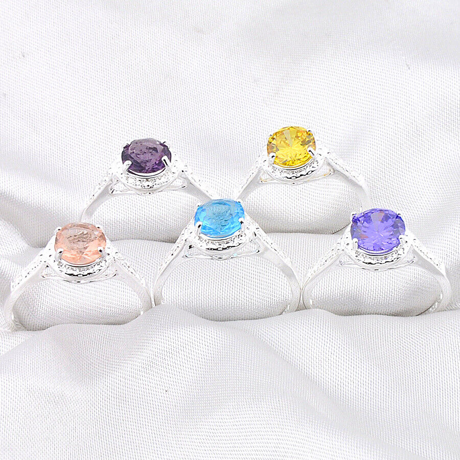 MIX 5 Pcs Fire Round Citrine Morganite Amethyst Blue Topaz Silver Rings Size 7 8 Luckyshine
