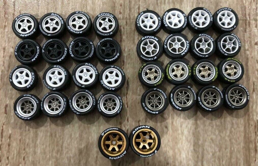 1:64 rubber tires & rims -  Mix fit Hot Wheels diecast - 9 sets Unbranded