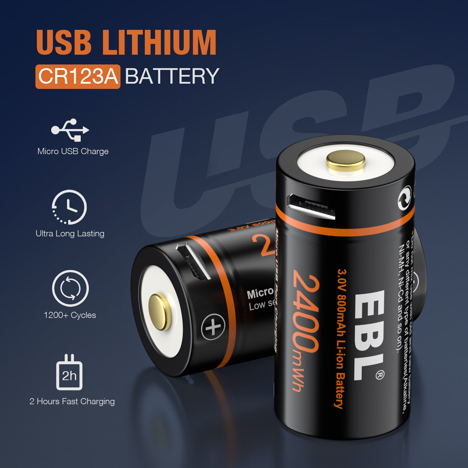 4x 16340 RCR123 CR123A 123 3V USB Lithium Li-ion Rechargeable Batteries w/Cable EBL CR123 - фотография #3