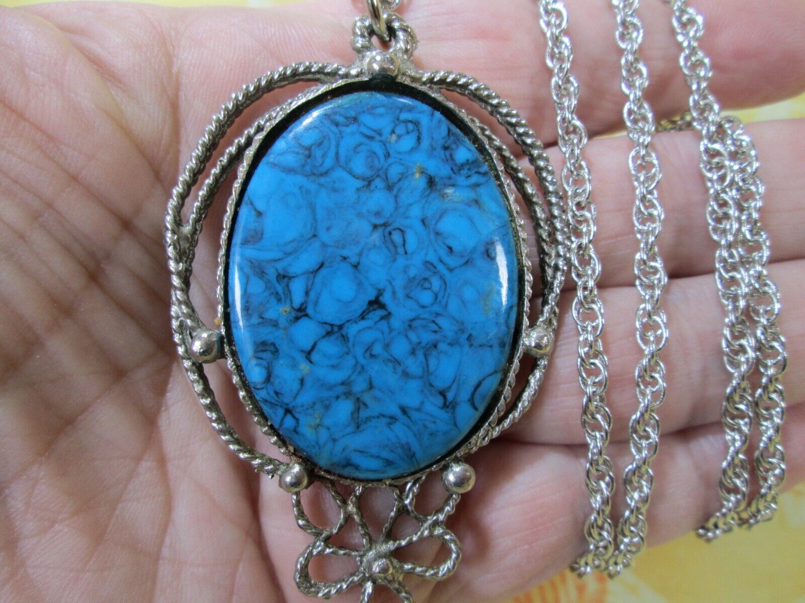 Vintage Large Blue Faux Stone Pendant w/ Silver Plated Rope Chain 28" / 1N Unbranded - фотография #7