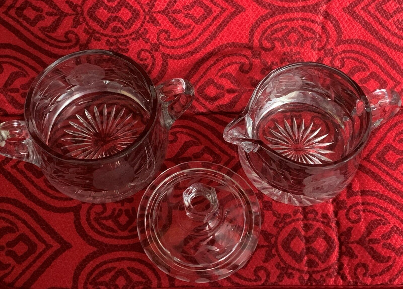 Heisey antique glassware Creamer & Double handled Sugar Bowl w/lid set floral  HEISEY - фотография #11