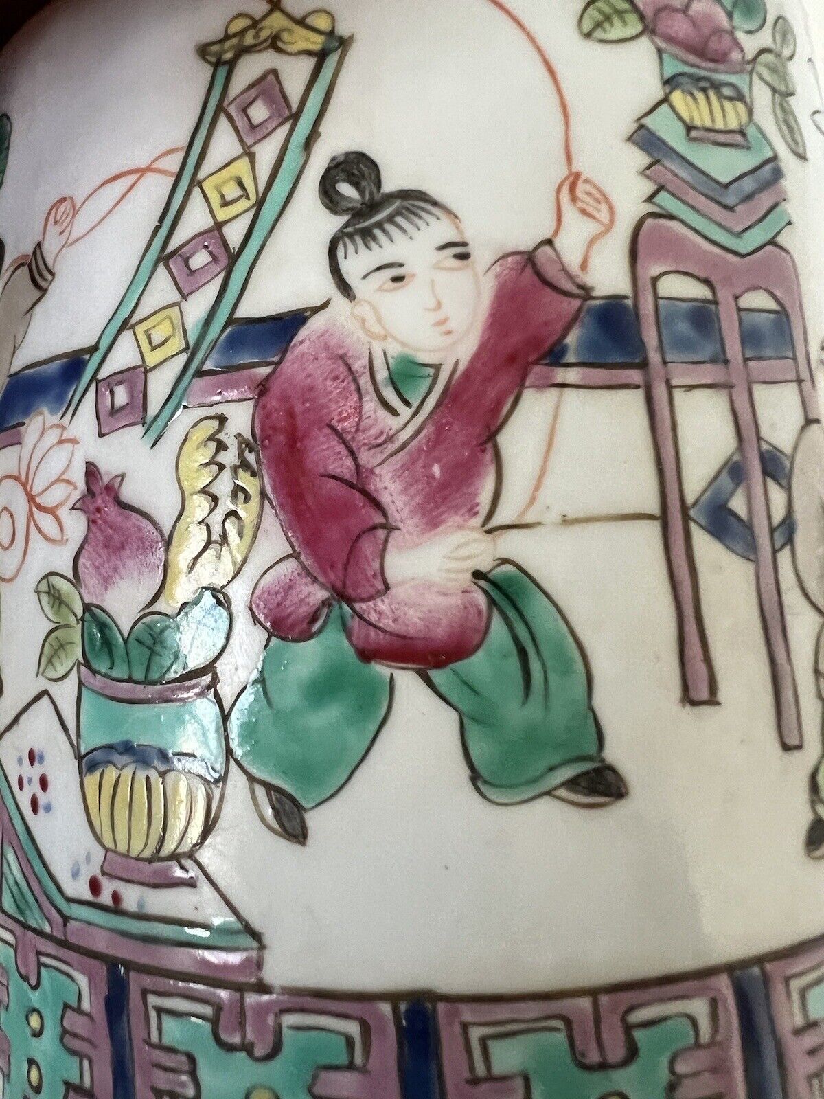 2 Antique Chinese Hand Paint Dragon Children Cylinder Hallmark Famille Jars 6" Без бренда - фотография #15
