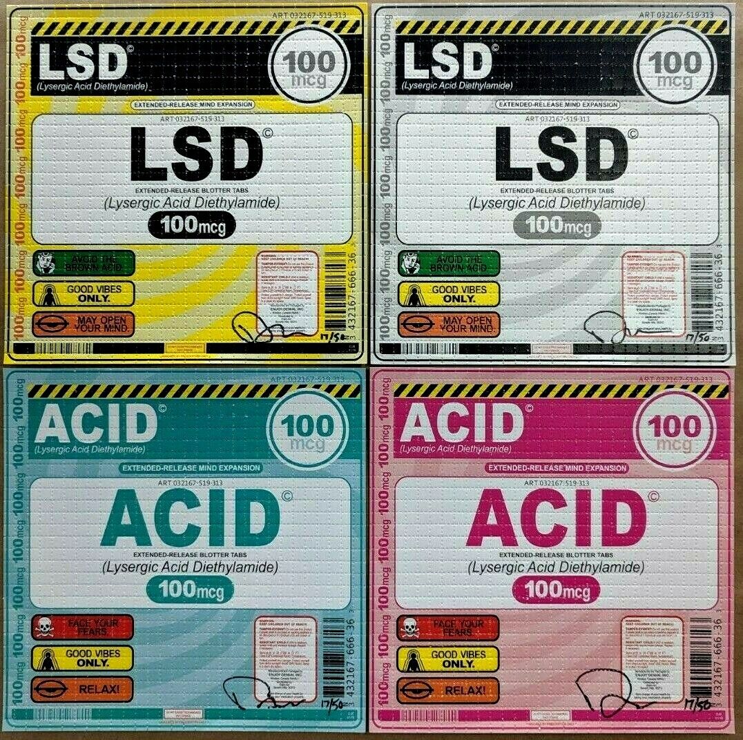 Denial Blotter Print 4 Pack Drugs Psychedelic LSD ACID 100mg Good Vibes Mimo Art Без бренда