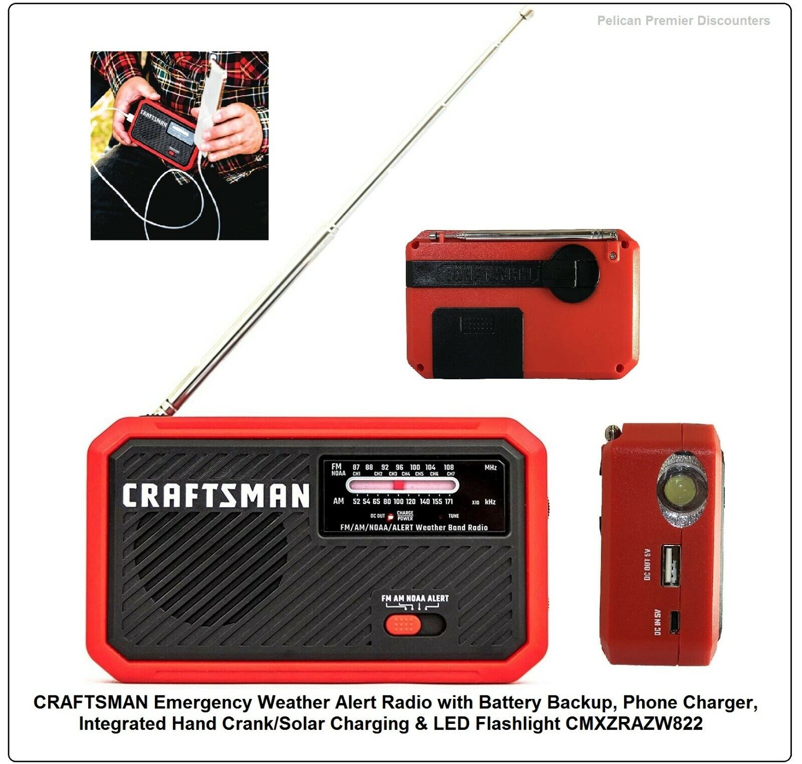 CRAFTSMAN Emergency Weather Radio w/ Battery Backup, Charger,Hand Crank, Solar  Craftsman CMXZRAZW822