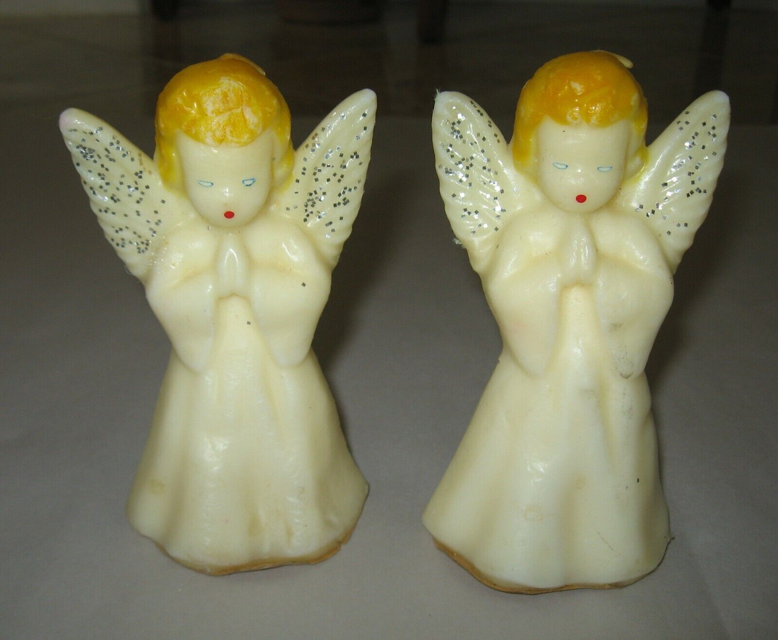 2 Vintage GURLEY Novelty 5" Praying Angel Christmas Candles Glitter Wings Unlit Gurley Novelty Co.