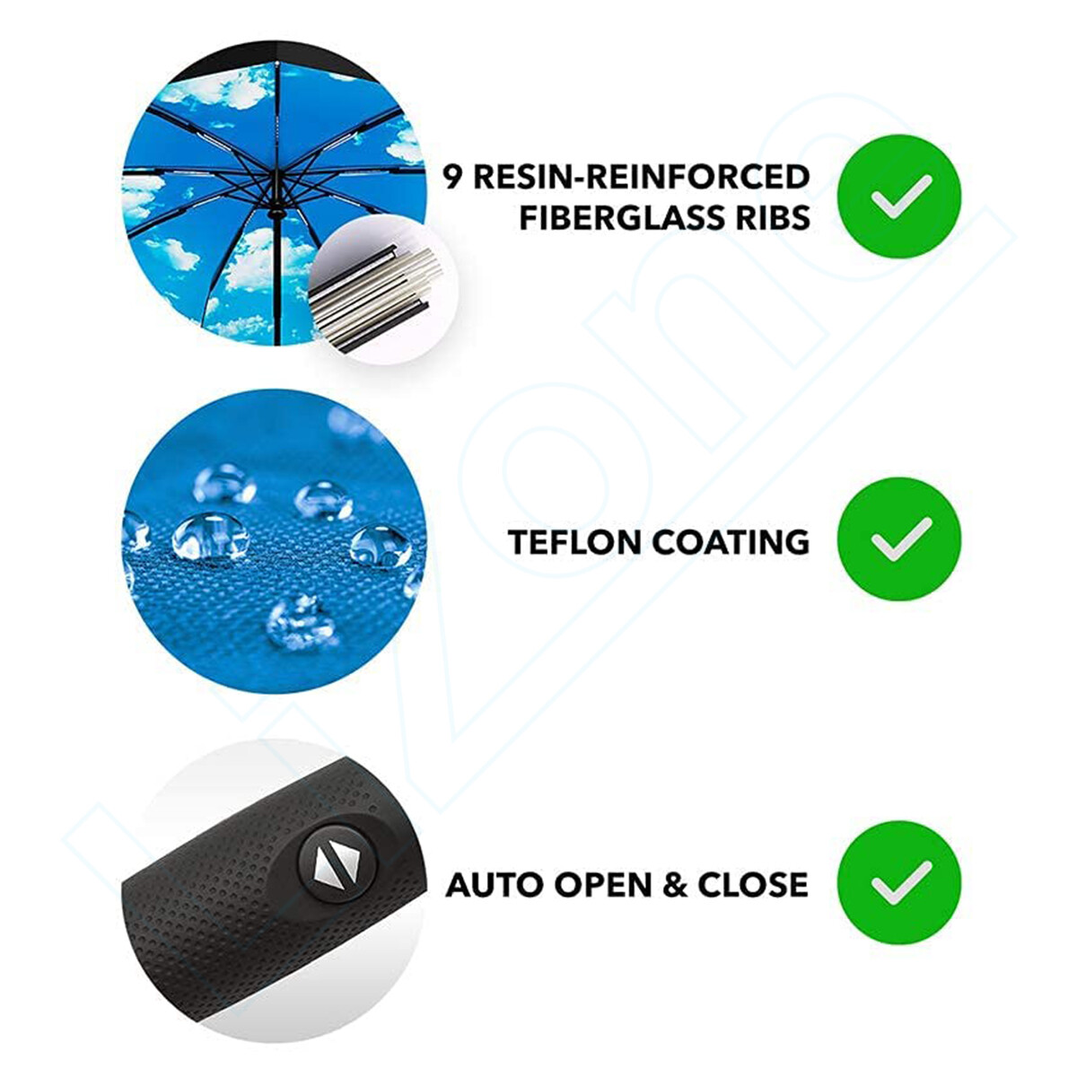 Automatic Black Umbrella Anti-UV Sun/Rain Windproof 3 Folding Compact Umbrella Lizone - фотография #5
