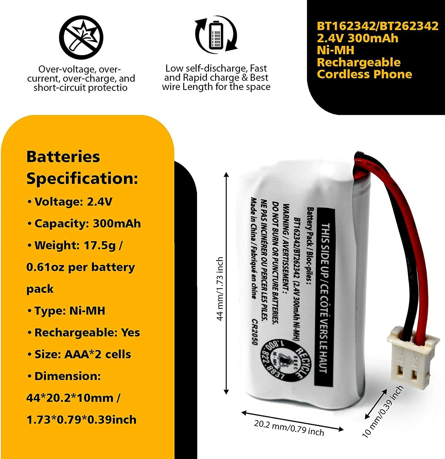 3-Pack Genuine VTech BT162342/BT262342 2.4V 300mAh Cordless Phone Battery Packs Vtech Does Not Apply - фотография #3