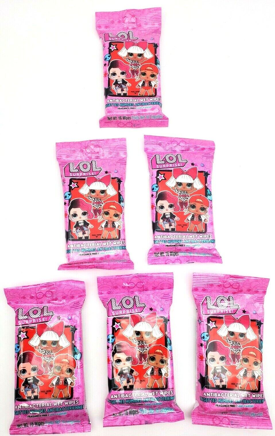 LOT OF 6 (16 per pack): LOL Surprise Dolls WET WIPES Fragrance Free -RESEALABLE! YoYo Lip Gloss Inc 44202