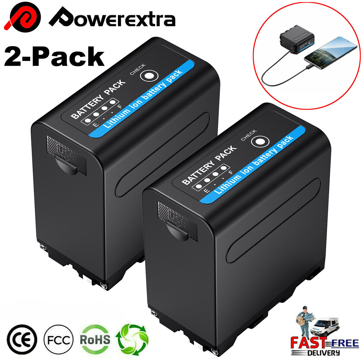 2PCS Real 6600mAh Li-ion Battery w/ USB for Sony NP-F950 NP-F960 NP-F970 Series Powerextra NP-F960