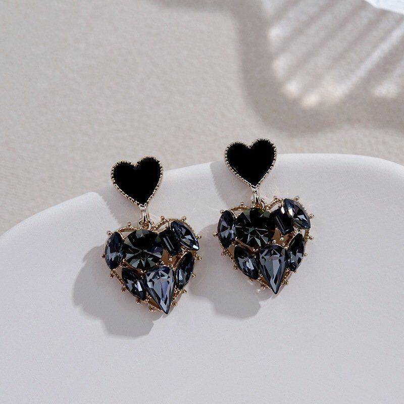 Sliver Plated Love Heart Zircon Black Earrings Stud Women Wedding Jewelry Gifts Rinhoo Does not apply - фотография #3