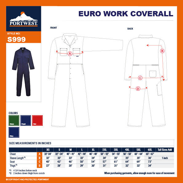 Portwest S999 Euro Work Polycotton Coverall Mechanic Jumpsuit Safety Overalls PORTWEST S999 - фотография #10