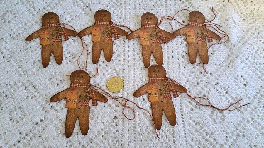 6~Christmas~Primitive~Gingerbread Man~Linen Cardstock~Gift~Hang~Tags~Ornies Без бренда