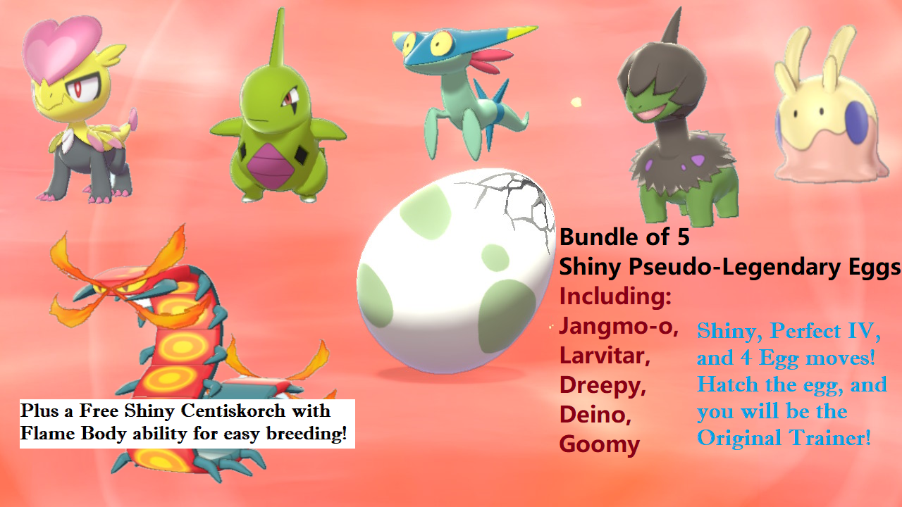 Shiny Pseudo-Legendary Eggs Bundle of 5: Jangmo-o, Larvitar, Dreepy, Deino Goomy Nintendo