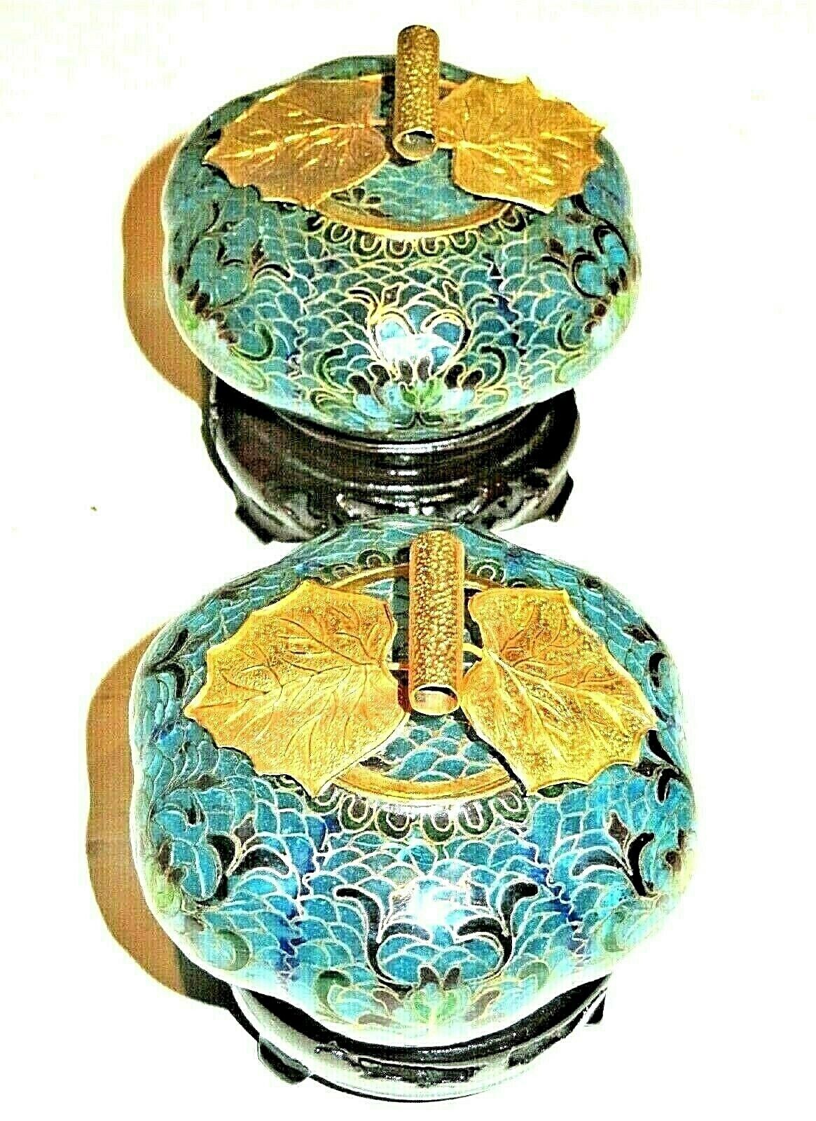 PAIR Vintage Plique-a-Jour Cloisonne Bowls w/ Lids, Transparent Enamel Gold Gilt Без бренда - фотография #3