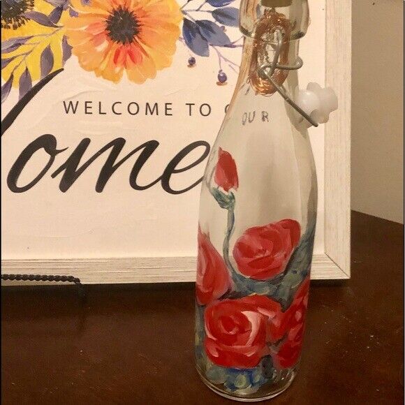 Hand painted roses on wine bottle w lights Home Art Decor Gift Idea Handmade