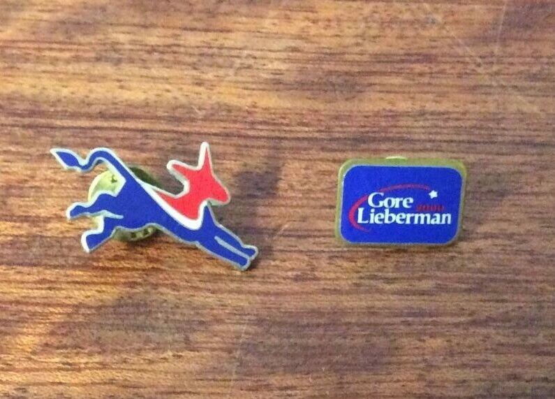 Lot of 2 Democratic Donkey & Gore Lieberman 2000 Hat Lapel Pin Back Без бренда