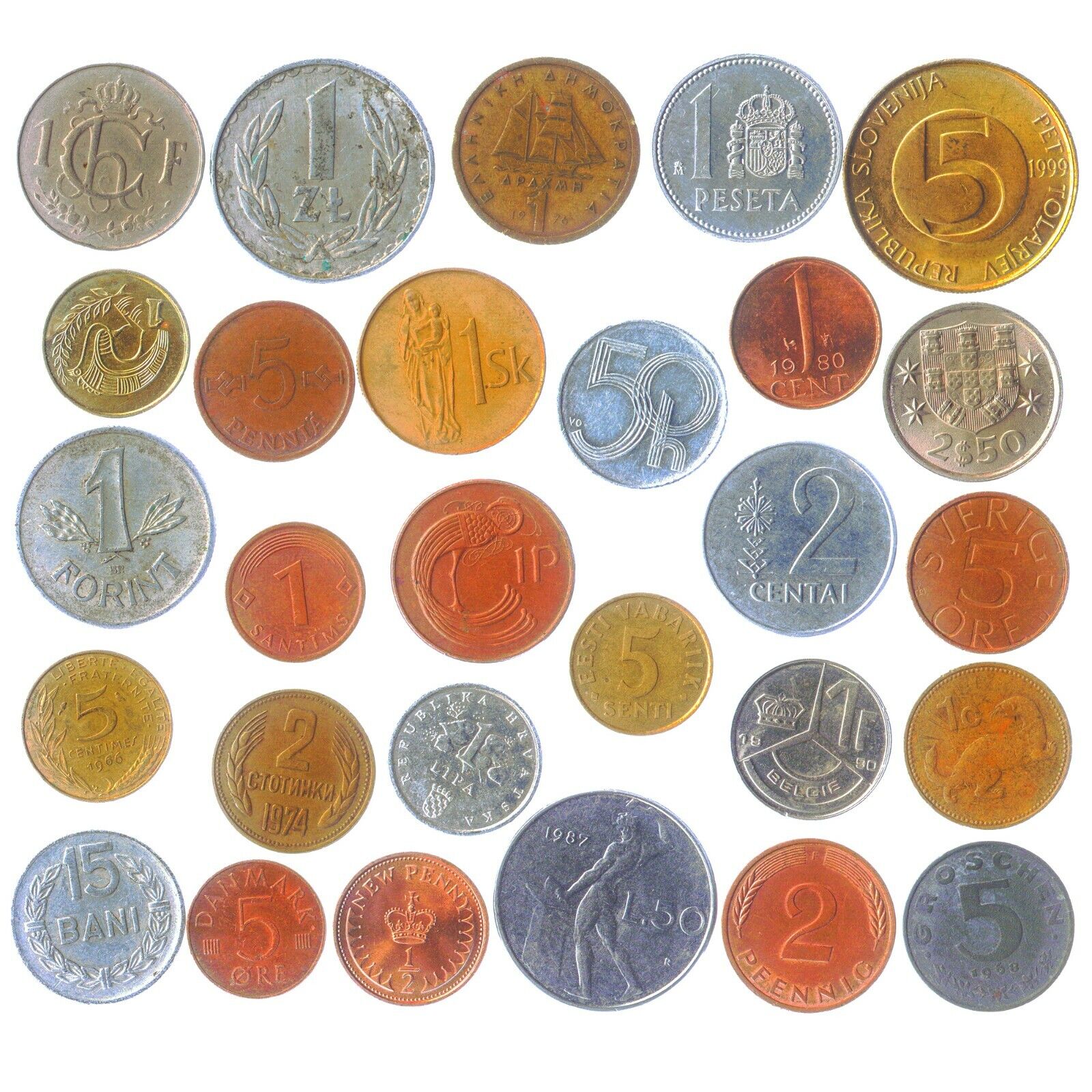 LOT OF 28 DIFFERENT COINS FROM EACH EUROPEAN UNION COUNTRY (PRE-EURO COLLECTION) Без бренда