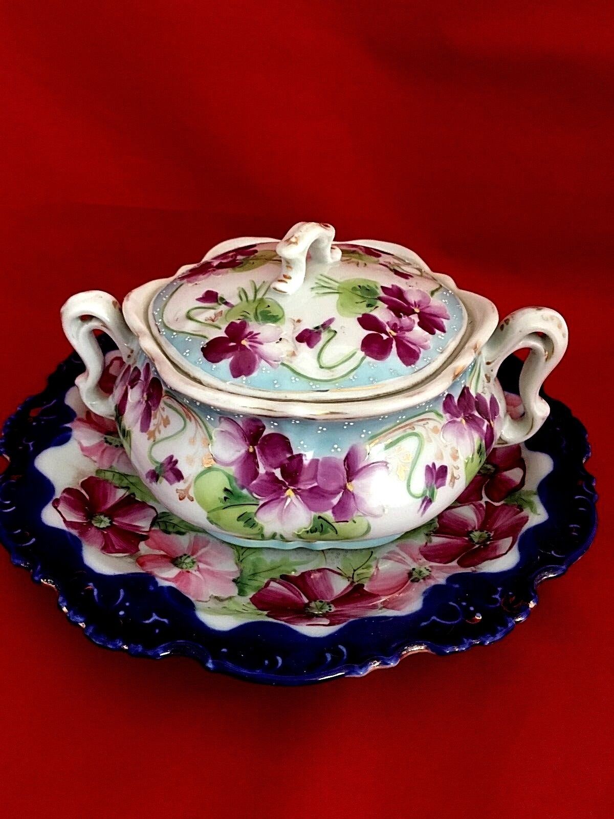 Antique Nippon Bowl Lidded with under plate cobalt edged floral violets design Без бренда