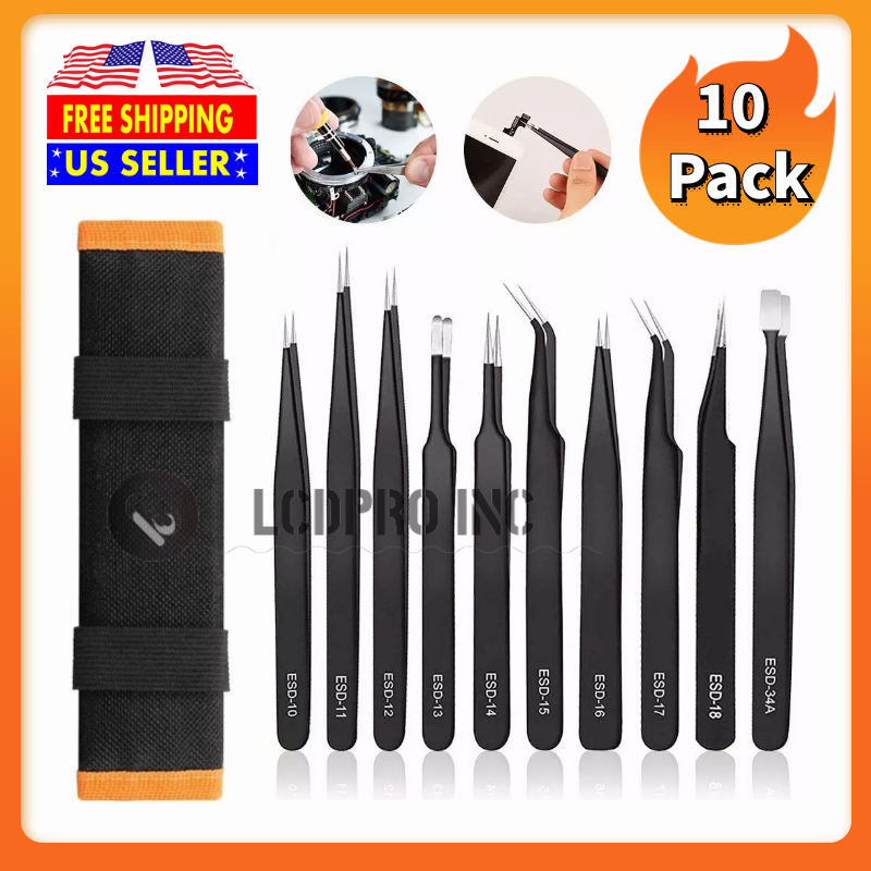 10 x ESD Precision Anti static Tweezers Set Stainless Steel Tool for Electronics Unbranded