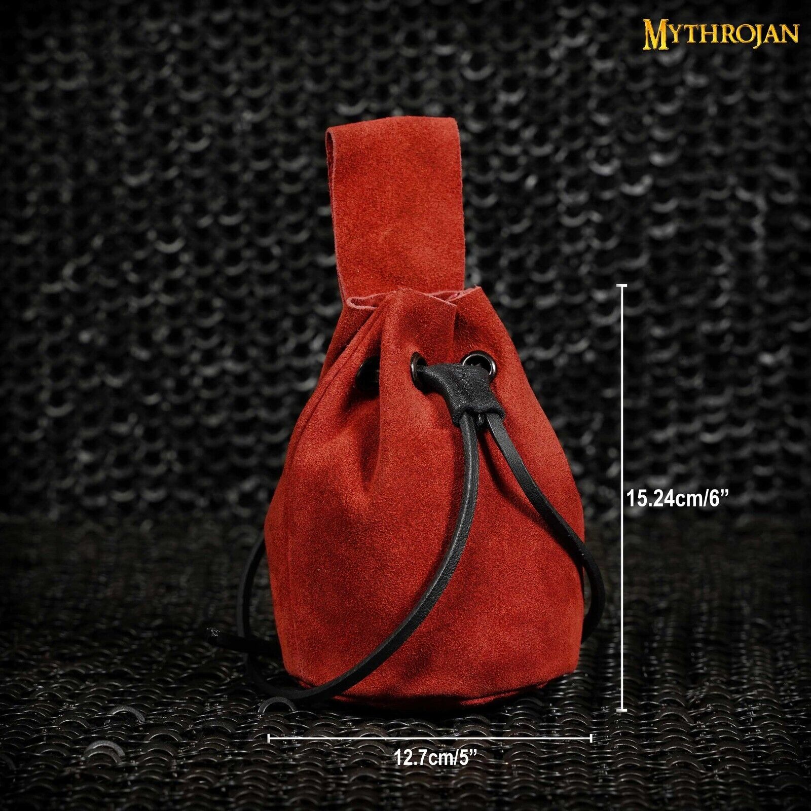 Medieval Leather Pouch Renaissance Larp Mini Bag Drawstring Closure Red Suede Mythrojan 300755RD - фотография #4