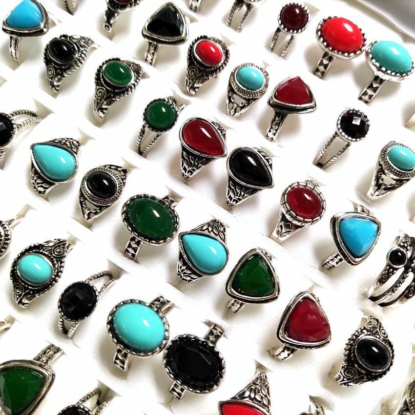 Bulk lots 50pcs Antique Silver Women's Colorful Stone Ring Party Jewelry Mix lot Unbranded - фотография #5