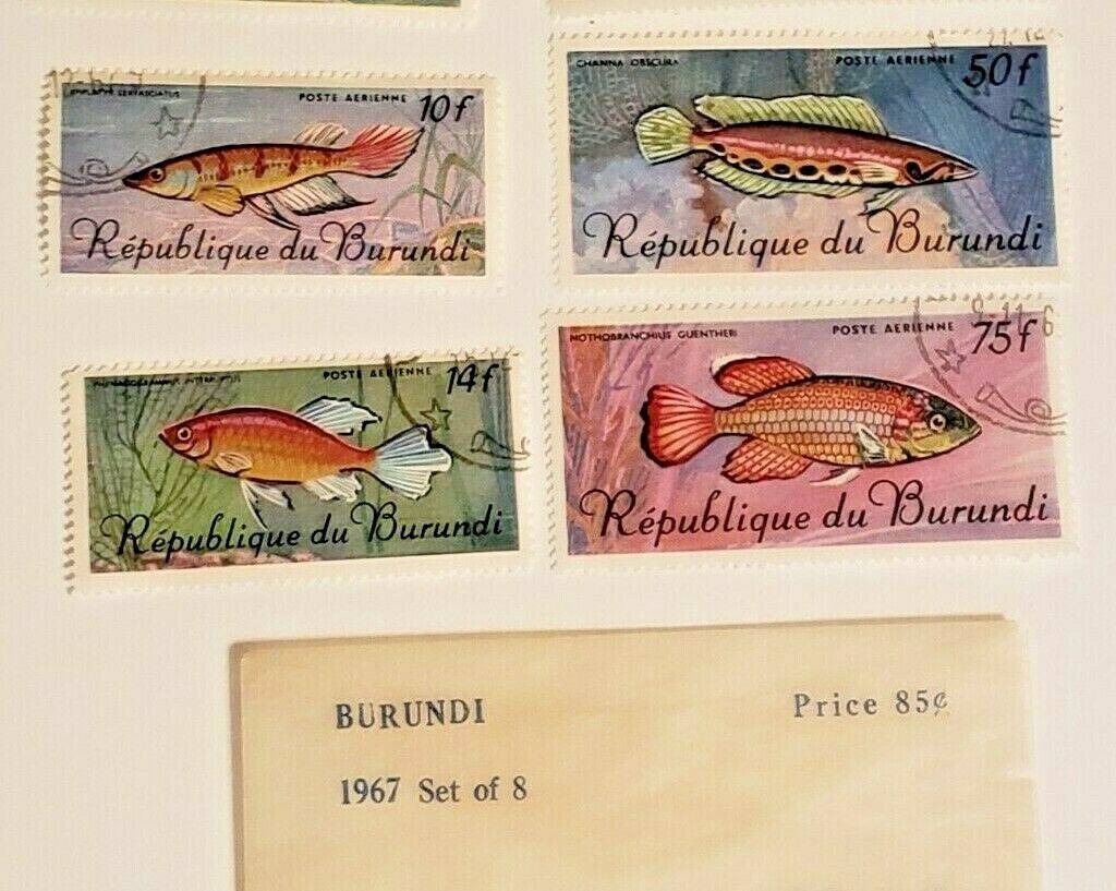 1967 Burundi Set of (8) Tropical Fauna Fish Stamps + Original Littleton Envelope Без бренда - фотография #3